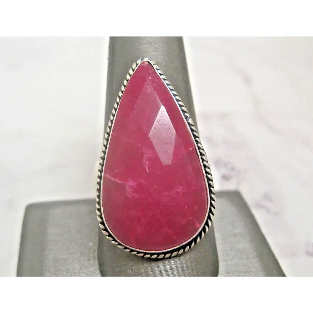 925 Sterling Silver Ruby Quartz Pear Faceted Statement Ring Size 10 8.1g